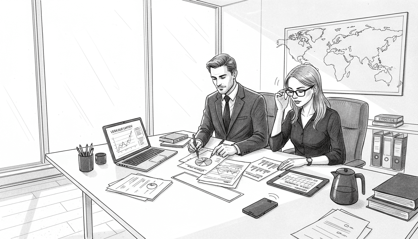 Vertriebsleiter besprechen aktuelle Berichte im Besprechungsraum.