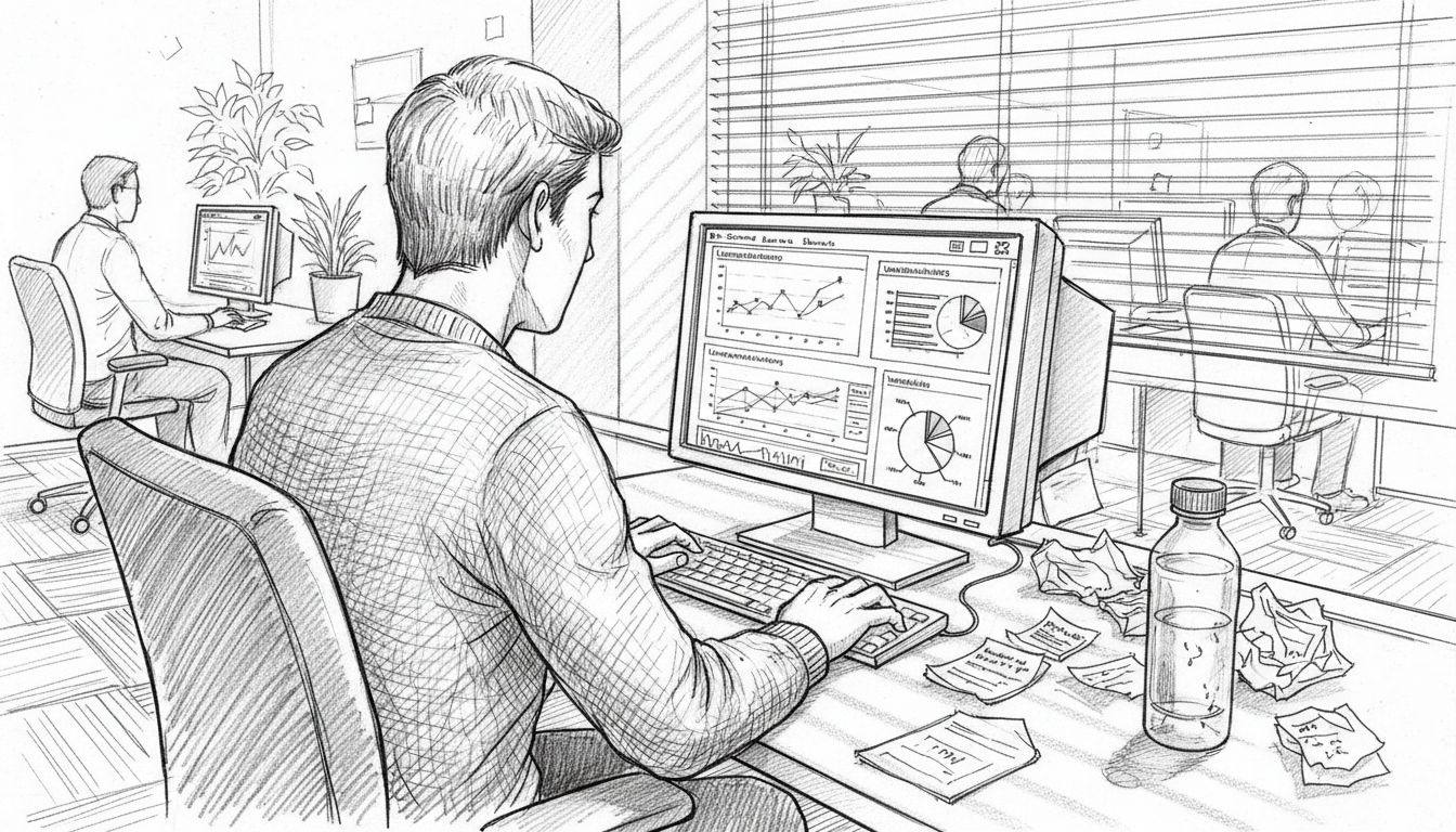 Ein Analyst prüft im Büro die Kennzahlen und Auswertungen im CRM-System.