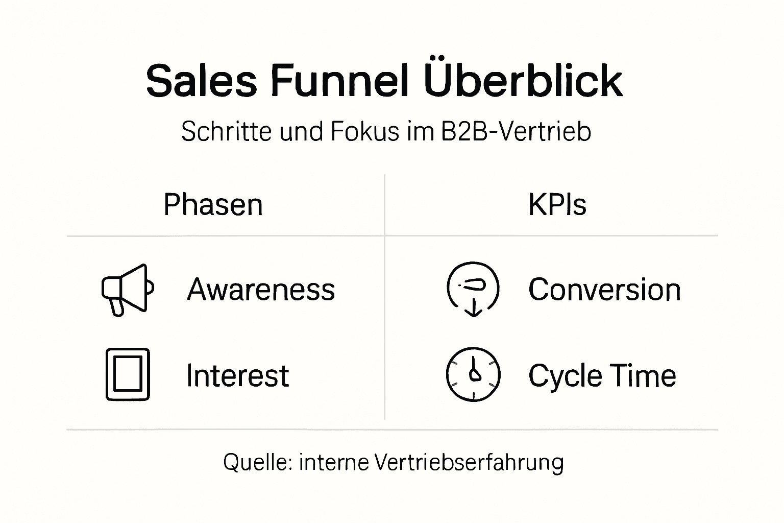 Grafische Übersicht der einzelnen Phasen im Sales Funnel sowie der wichtigsten Kennzahlen