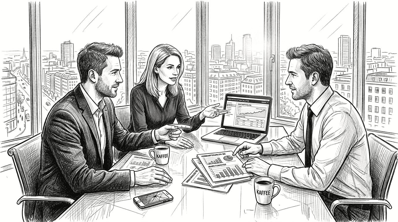 Besprechung des B2B-Teams im Eckbüro