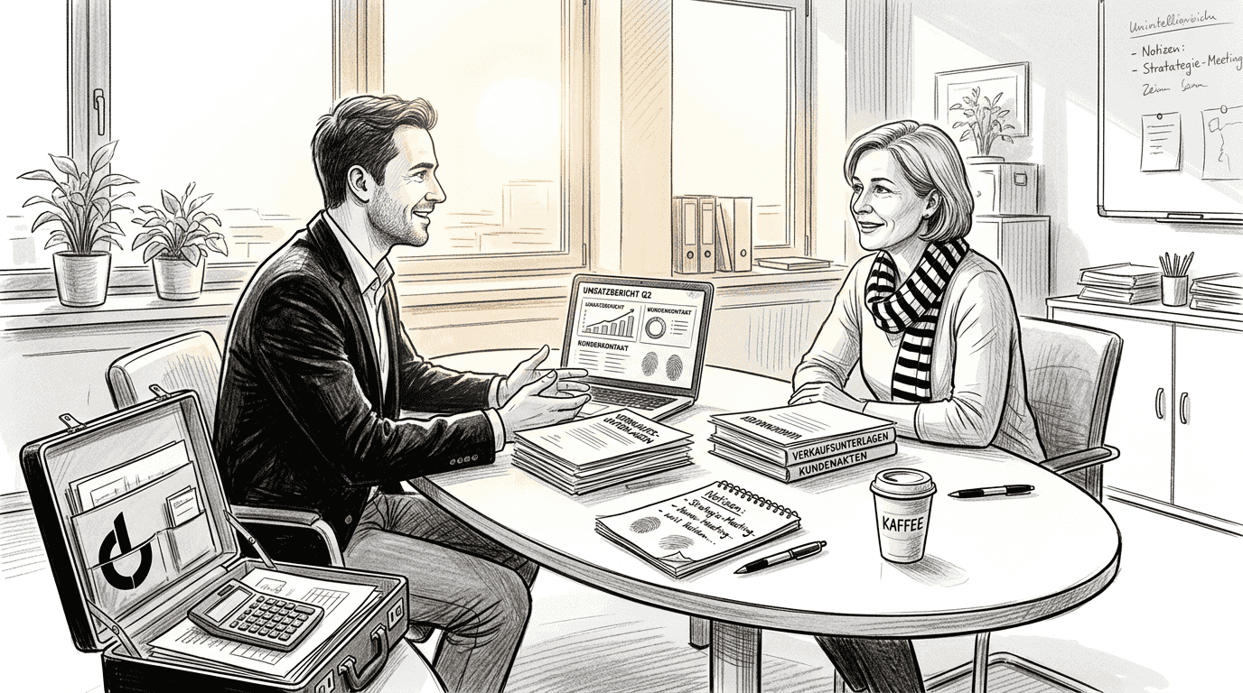 Ein Vertriebsmitarbeiter im lichtdurchfluteten Eckbüro im Gespräch mit einem Kunden.