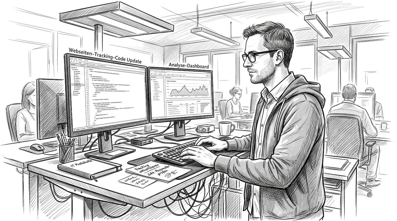Ein IT-Experte passt den Tracking-Code der Webseite an, um sicherzustellen, dass die Besucherstatistiken korrekt erfasst werden.