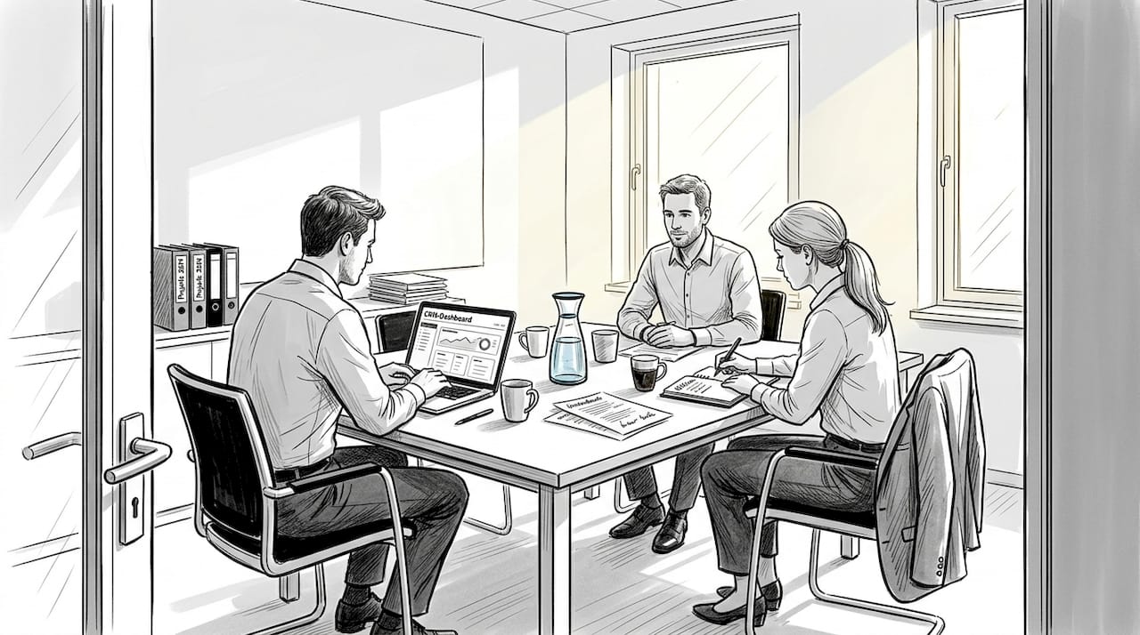 Ein B2B-Vertriebsteam arbeitet gemeinsam im Büro und tauscht sich über aktuelle Projekte aus.