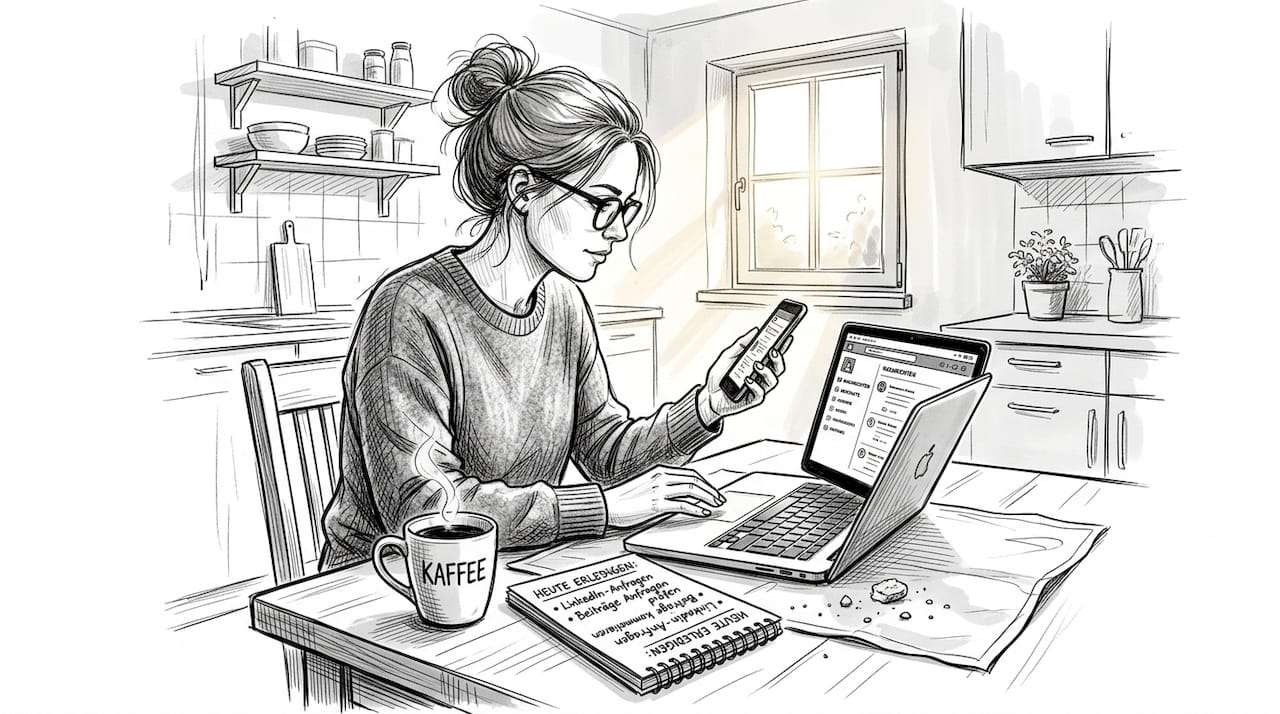 Am Frühstückstisch startet sie voller Energie ihren Tag im Social Selling.