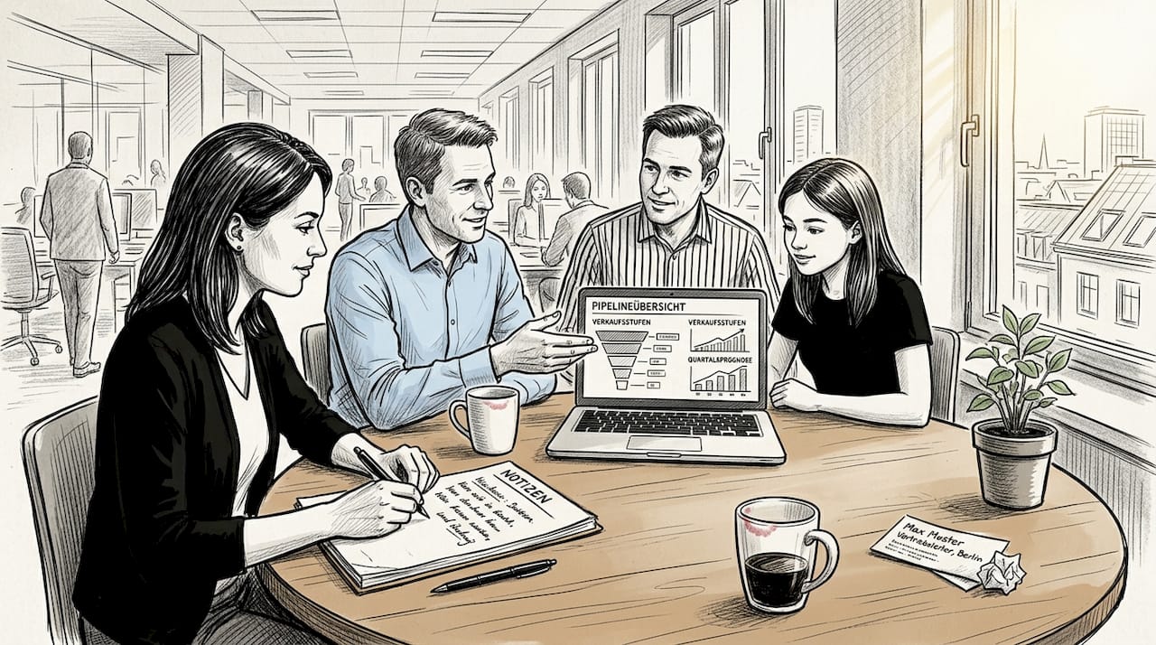 Das Vertriebsteam bespricht gemeinsam am Konferenztisch den aktuellen Stand der Verkaufspipeline.