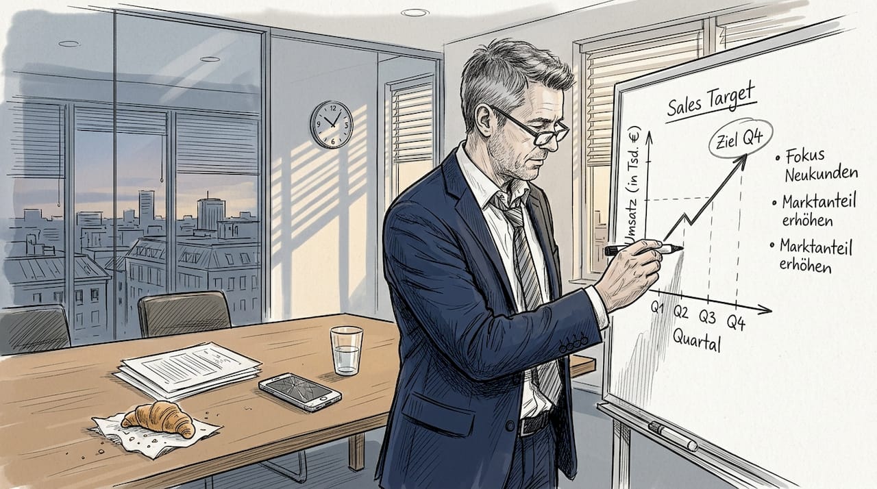 Ein Vertriebsleiter skizziert die Umsatzziele ans Whiteboard.
