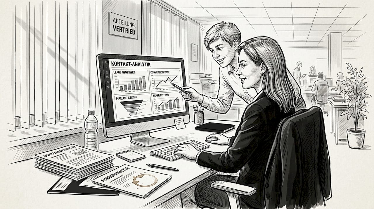 Ein Teamleiter bespricht gemeinsam mit einer Kollegin die aktuellen CRM-Analysen.