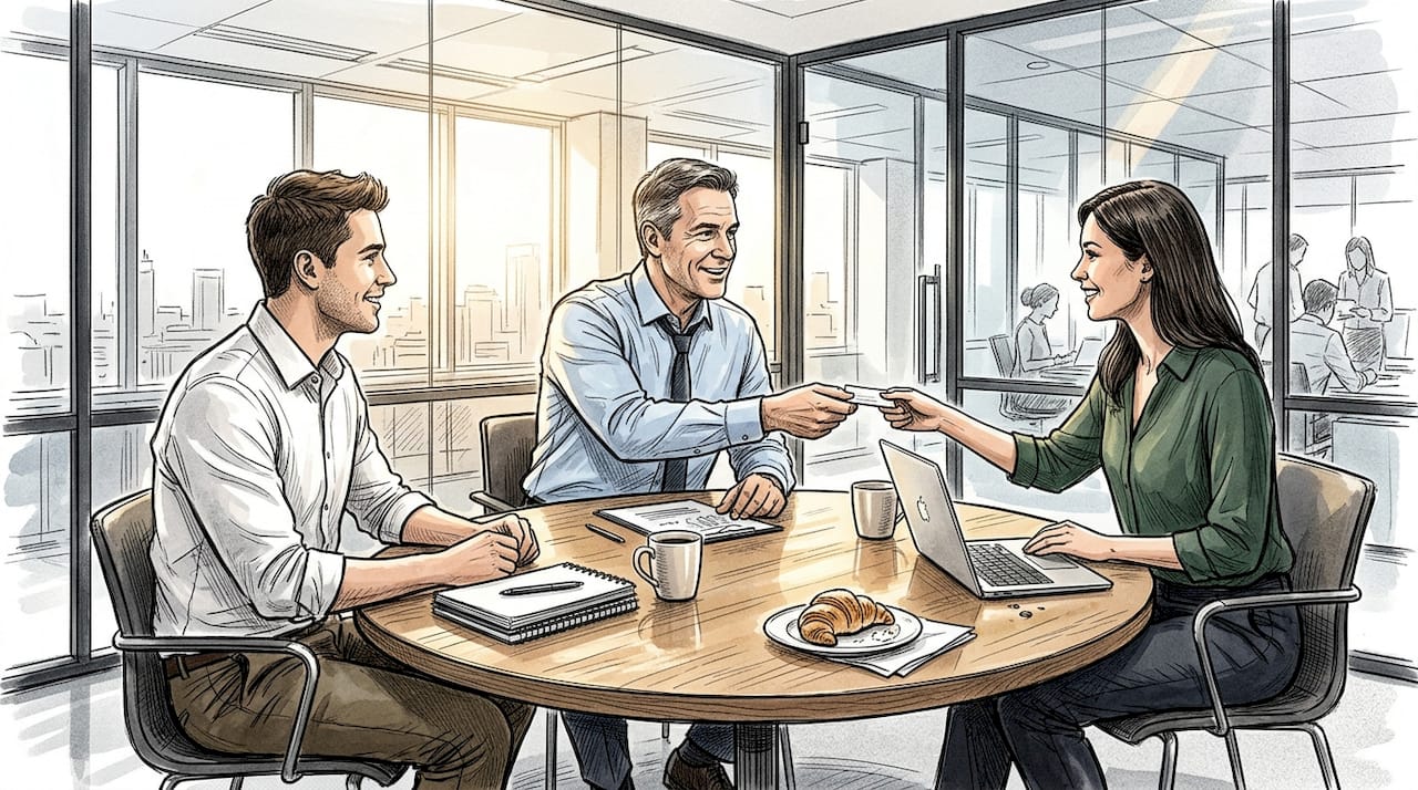 Vertriebsleiter tauschen am Tisch Visitenkarten aus.