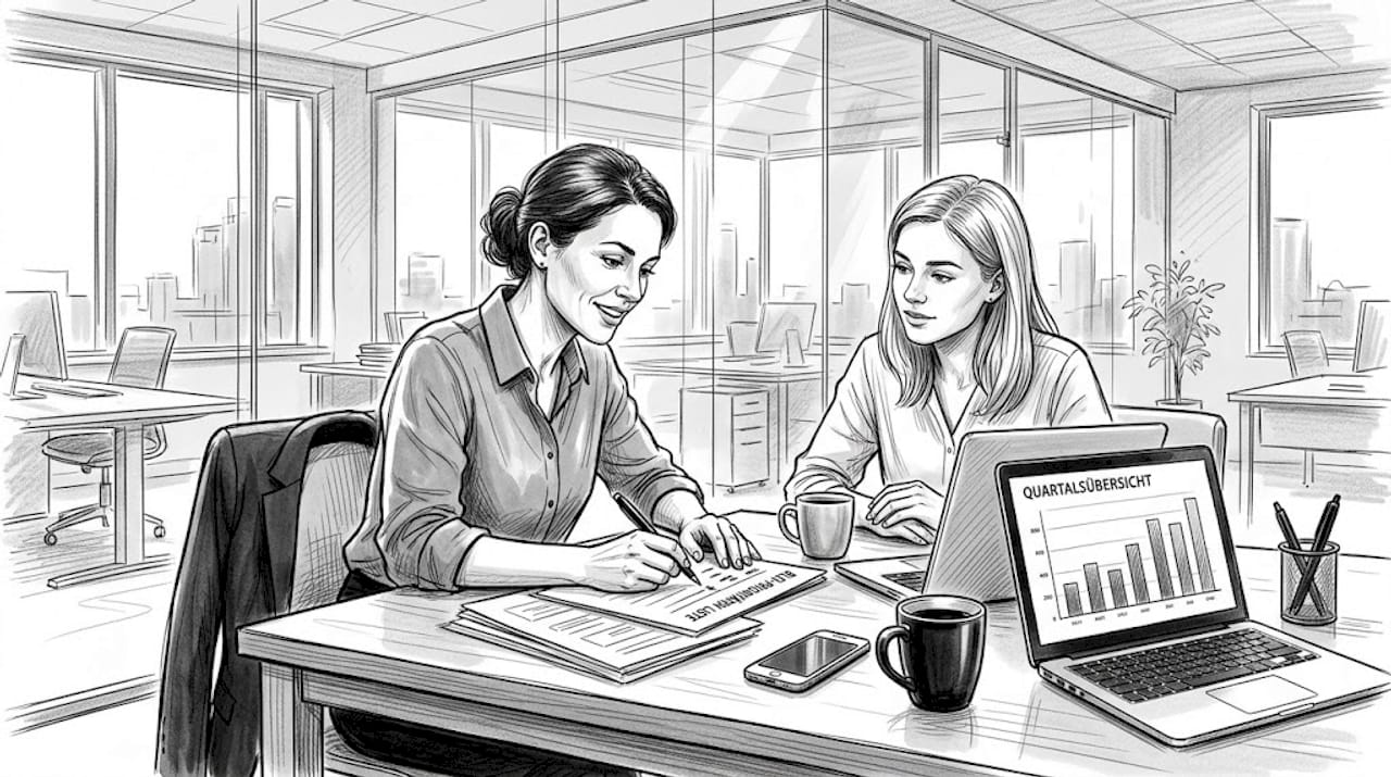 Das Vertriebsteam sitzt gemeinsam am Schreibtisch und bespricht, welche Kundenkontakte am wichtigsten sind.