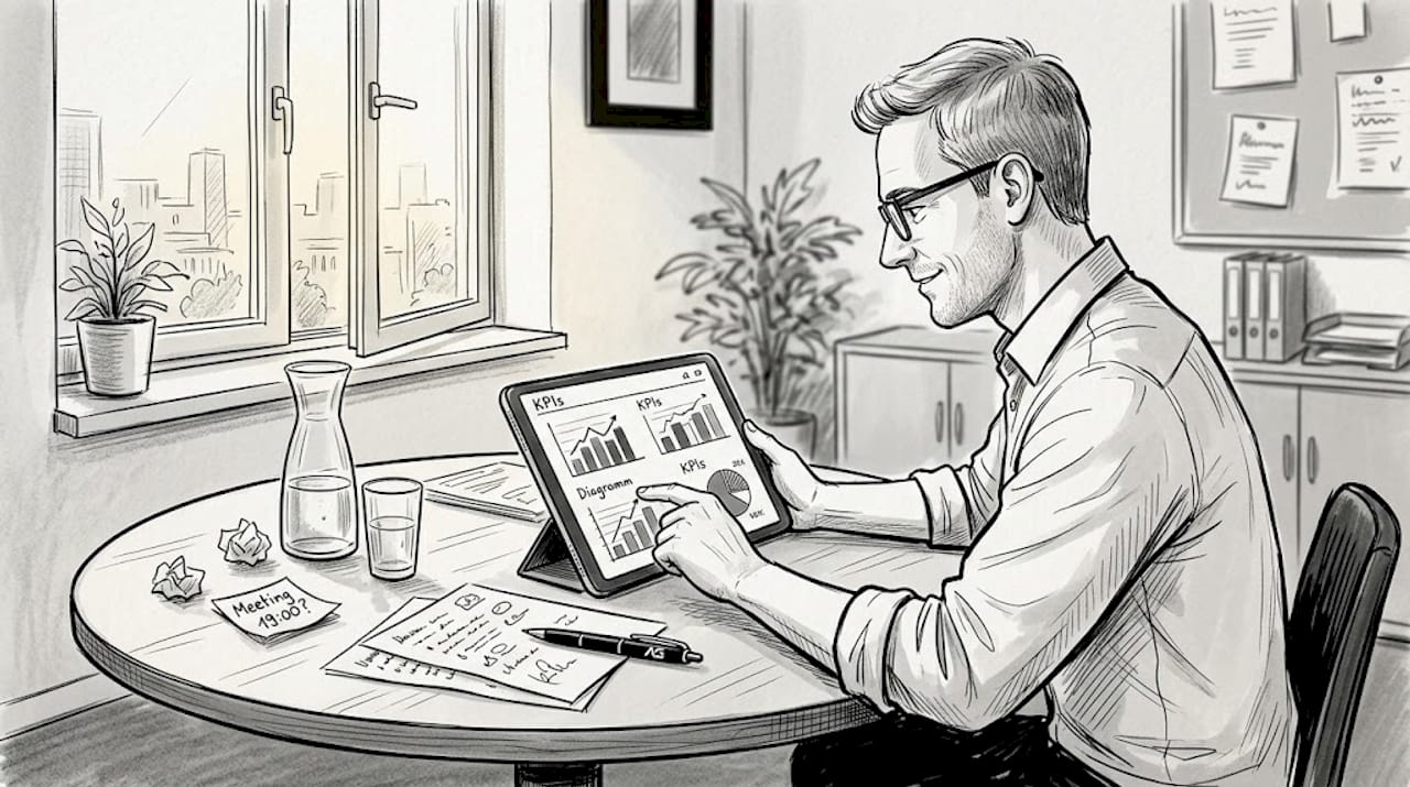 Der Vertriebsleiter verschafft sich mithilfe seines Tablets einen aktuellen Überblick über die Verkaufszahlen.