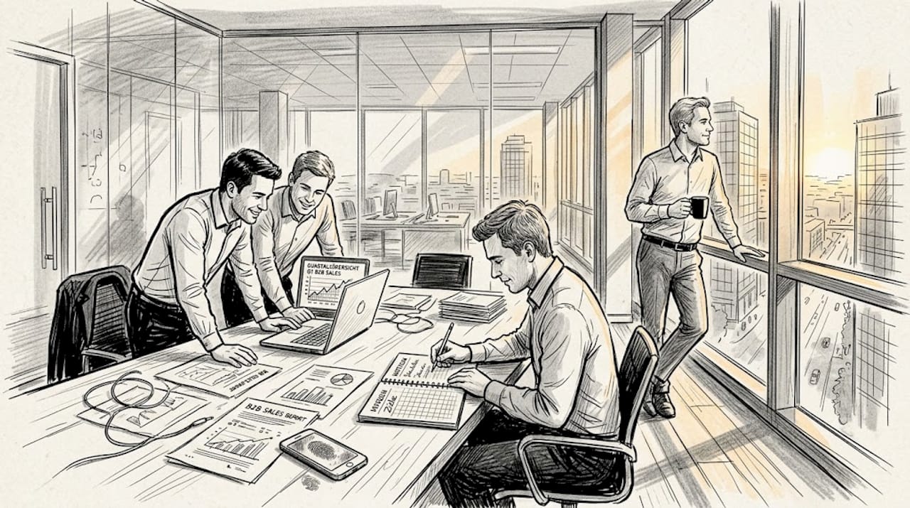 Das B2B-Team bespricht sich gemeinsam im Büro.