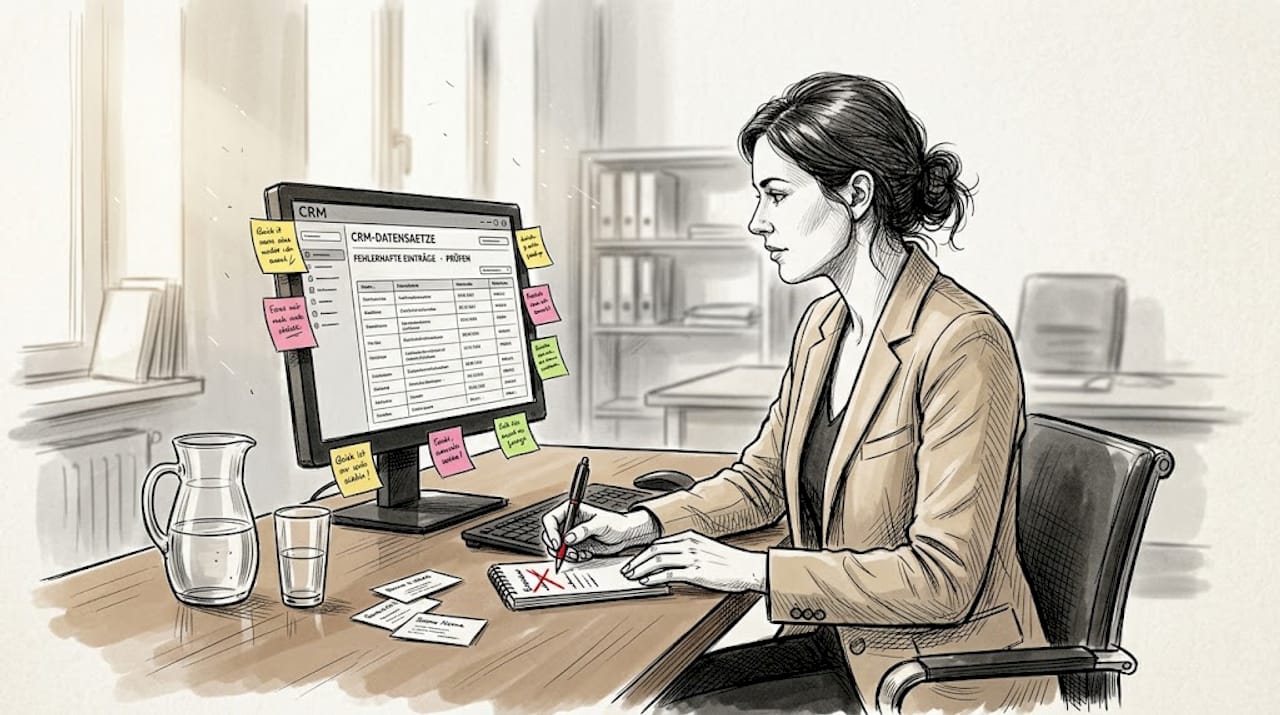 Eine Mitarbeiterin prüft am Schreibtisch die Daten im CRM-System.