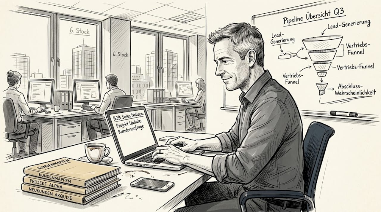 Ein Mitarbeiter sitzt im Vertriebsbüro und arbeitet konzentriert an seinem Schreibtisch.