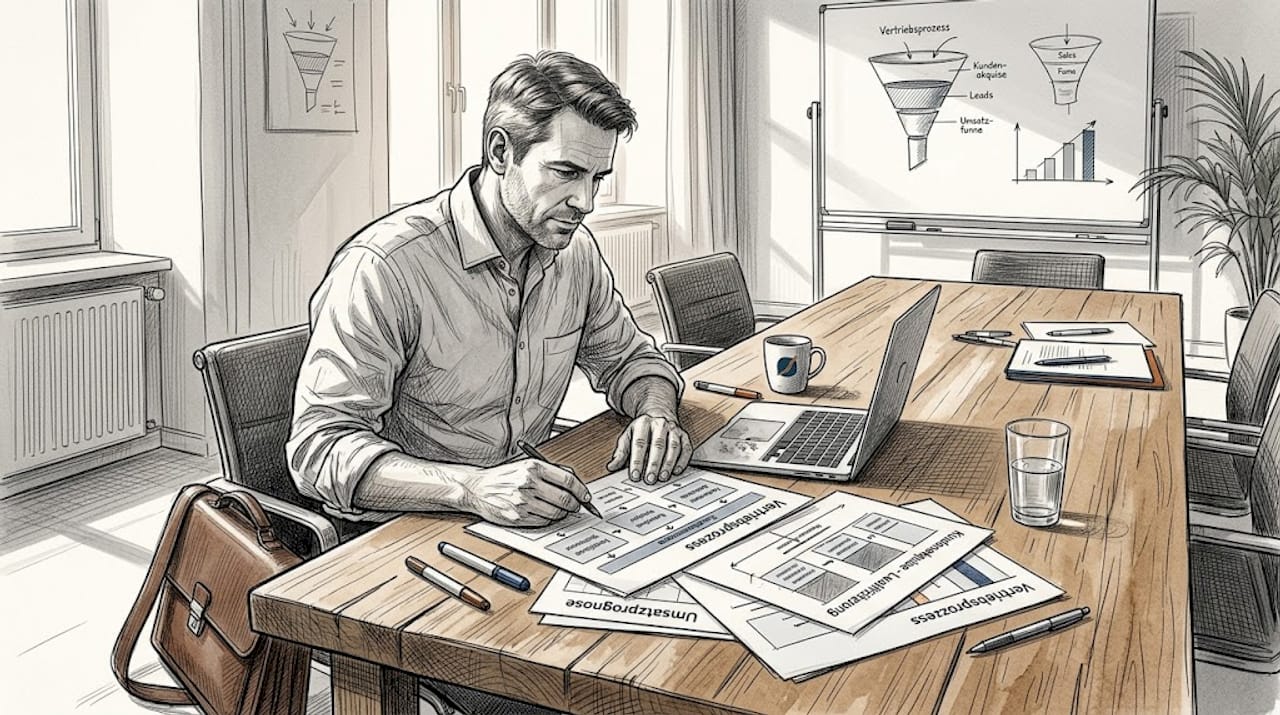 Der Vertriebsleiter nimmt die aktuellen Vertriebsabläufe gemeinsam mit seinem Team im Besprechungsraum genau unter die Lupe.