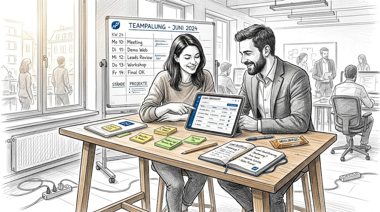 Am Stehtisch tauschen sich zwei Kollegen über aktuelle Vertriebskontakte aus.