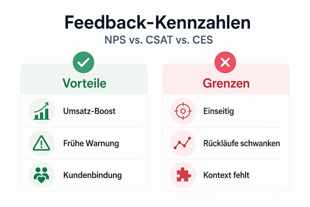 Die Infografik veranschaulicht, welche Stärken und Schwächen die wichtigsten Feedback-Kennzahlen mit sich bringen.