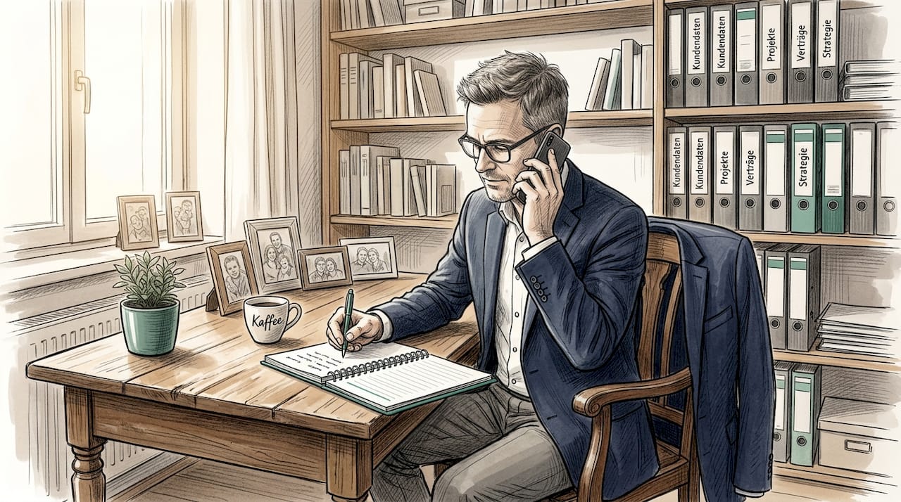 Ein Vertriebsleiter macht sich während eines Telefonats am Schreibtisch Notizen.