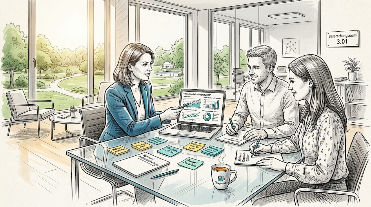 Im Büro analysieren Fachleute gemeinsam die Daten zum Vertriebstrichter und besprechen Strategien zur Optimierung.