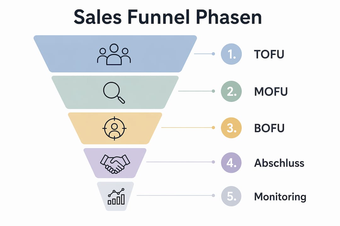 Die Infografik veranschaulicht die einzelnen Schritte des Sales Funnels übersichtlich in einer vertikalen Darstellung.