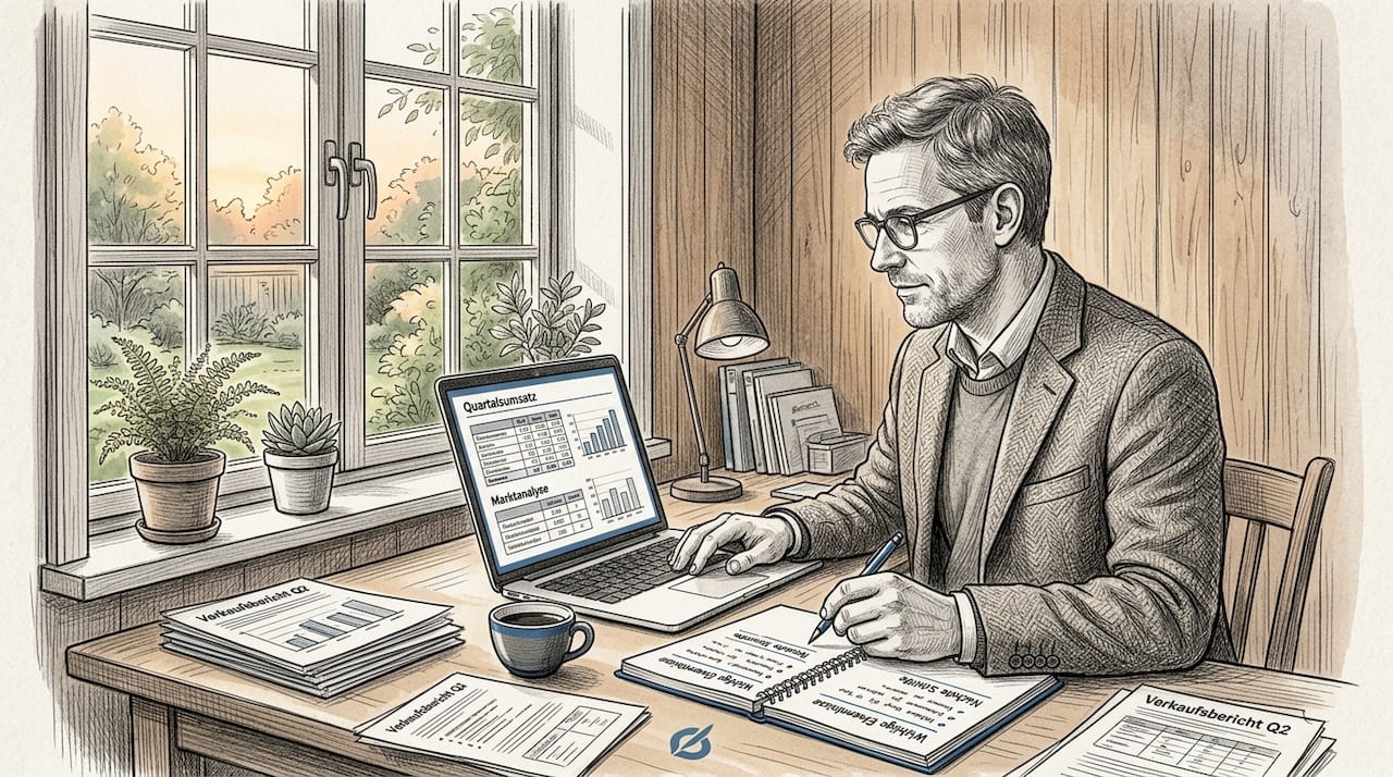 Eine Business-Analystin arbeitet konzentriert an ihrem Schreibtisch im Homeoffice.