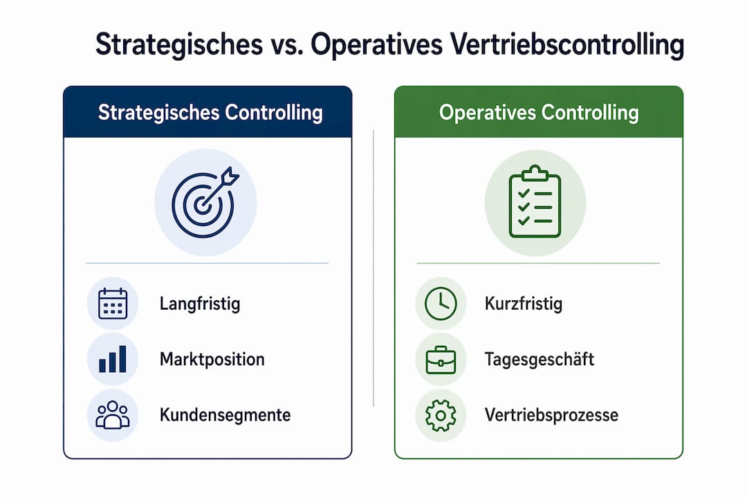 Übersichtsgrafik: Unterschiede zwischen strategischem und operativem Vertriebscontrolling im direkten Vergleich