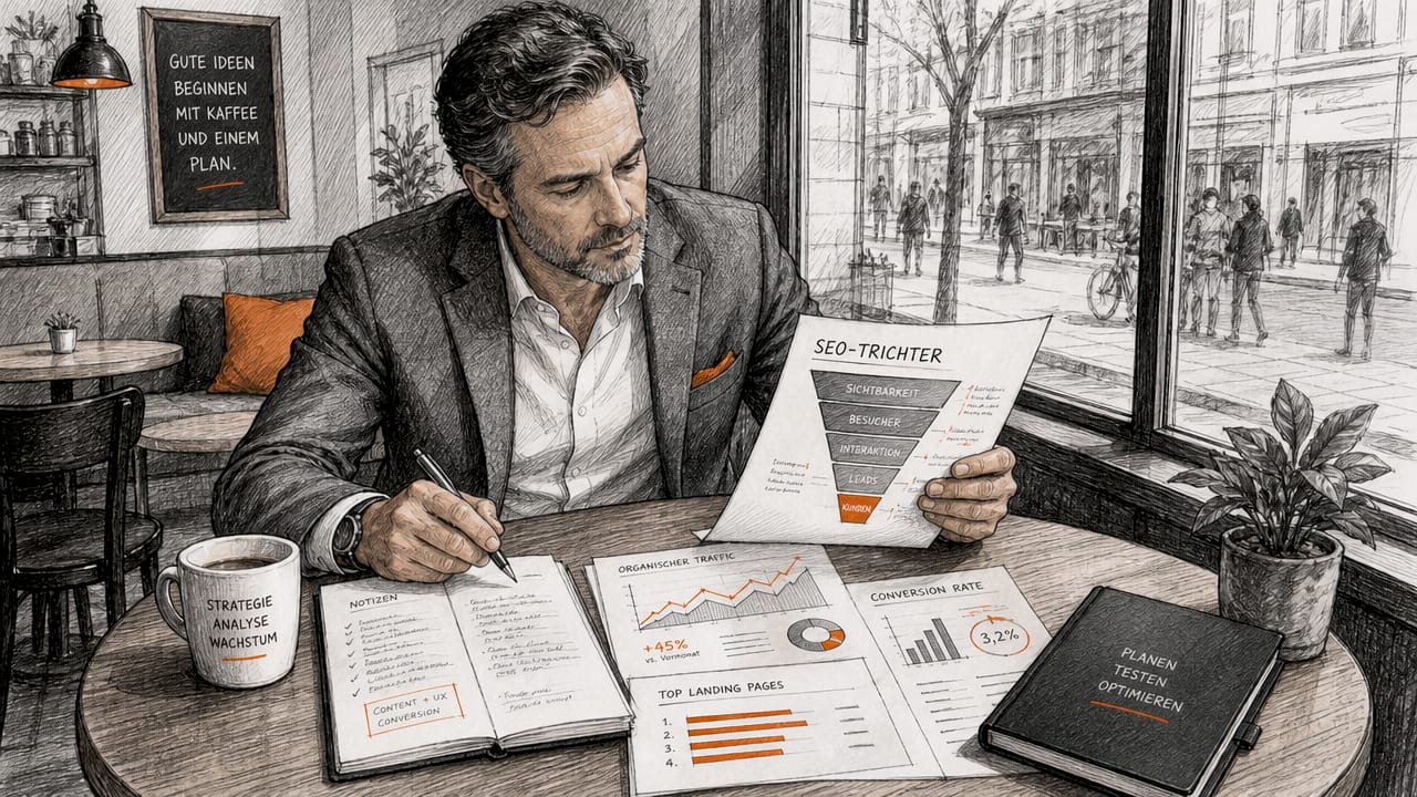 Ein Marketingexperte analysiert die Ergebnisse des B2B-SEO-Funnels, um Optimierungspotenziale zu identifizieren.