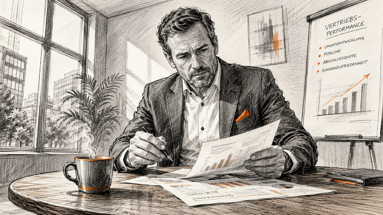 Ein B2B-Vertriebsleiter analysiert im Büro die aktuellen Verkaufszahlen.