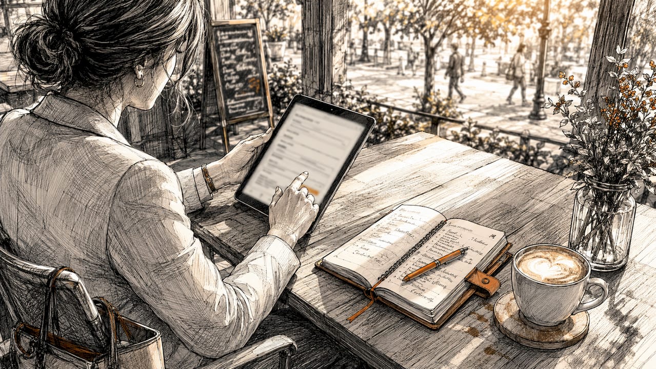 Geschäftsfrau sitzt im Café und füllt auf ihrem Smartphone ein Online-Kontaktformular aus.