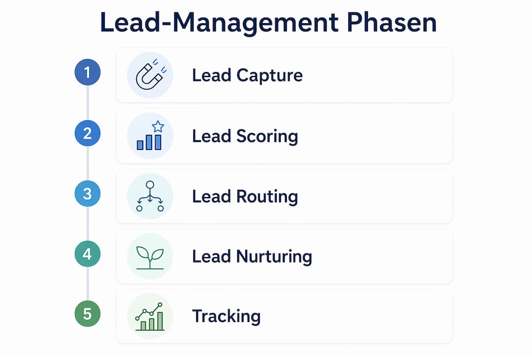 Eine Infografik veranschaulicht die fünf wichtigsten Schritte im Lead-Management.