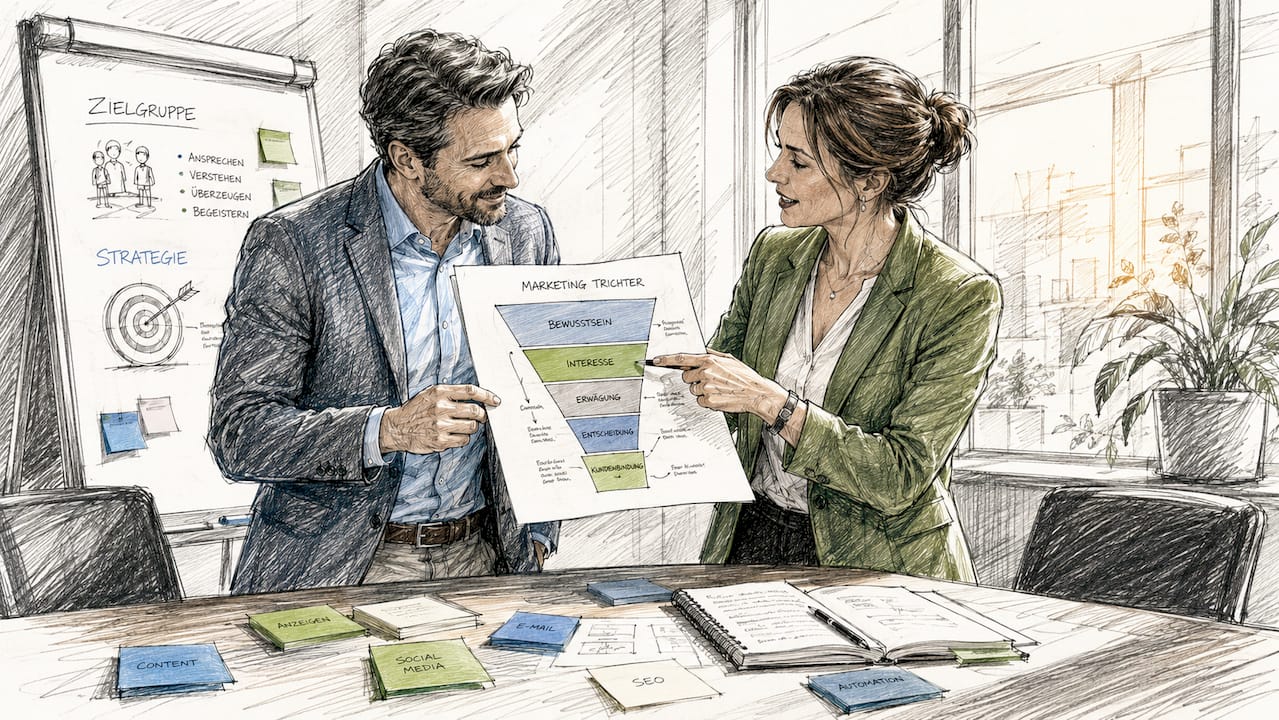 Mitarbeiter analysieren gemeinsam den Ablauf zur Leadpflege im B2B-Bereich.