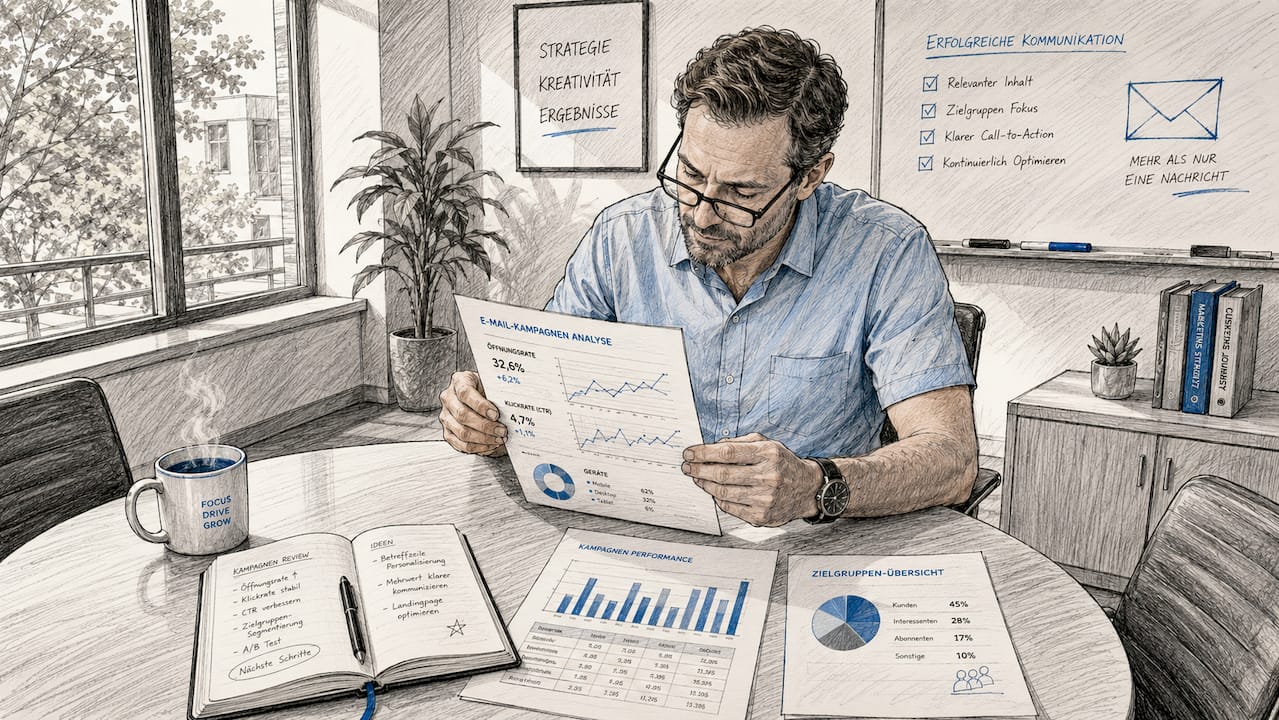 Ein Geschäftskunde analysiert am Schreibtisch die Kennzahlen seines B2B-Newsletters.