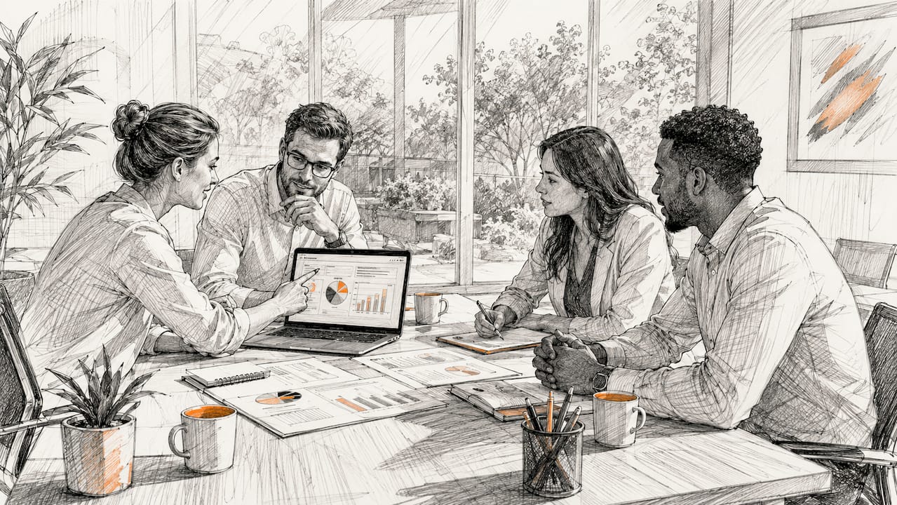 Im Meeting tauscht sich das Vertriebsteam über die aktuellen Ergebnisse der Datenanalyse aus.