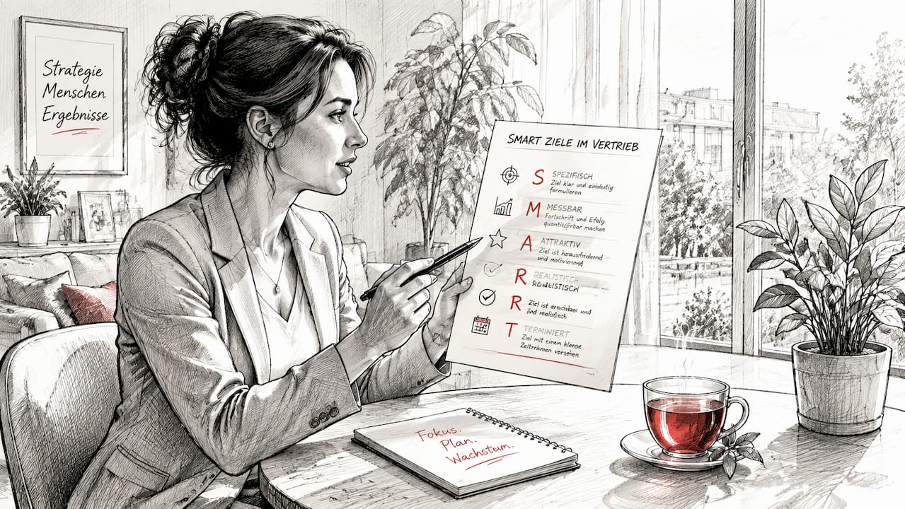 Ein Vertriebsleiter erläutert am Schreibtisch, wie man mit der SMART-Methode klare und erreichbare Ziele im Vertrieb setzt.