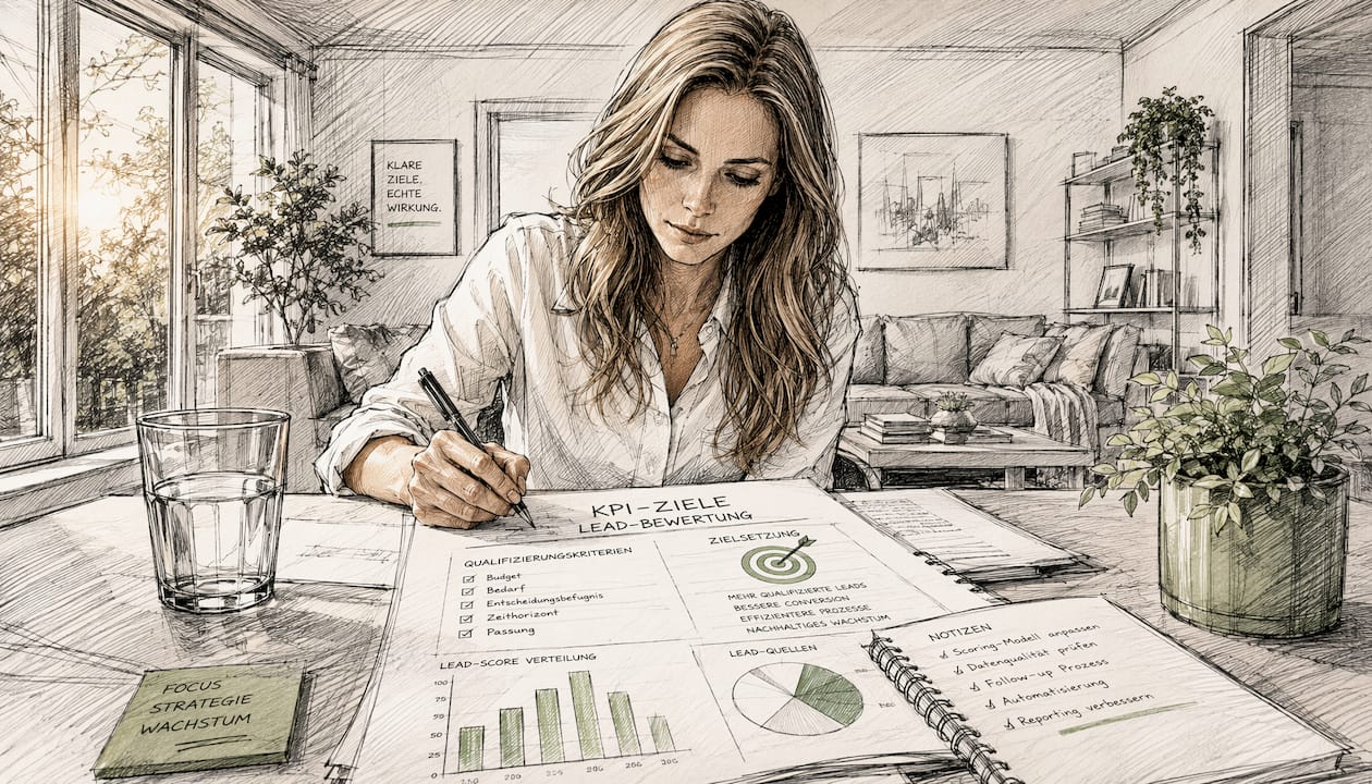Eine Mitarbeiterin prüft am Schreibtisch die Zielvorgaben für Lead Scoring und analysiert die wichtigsten Kennzahlen.
