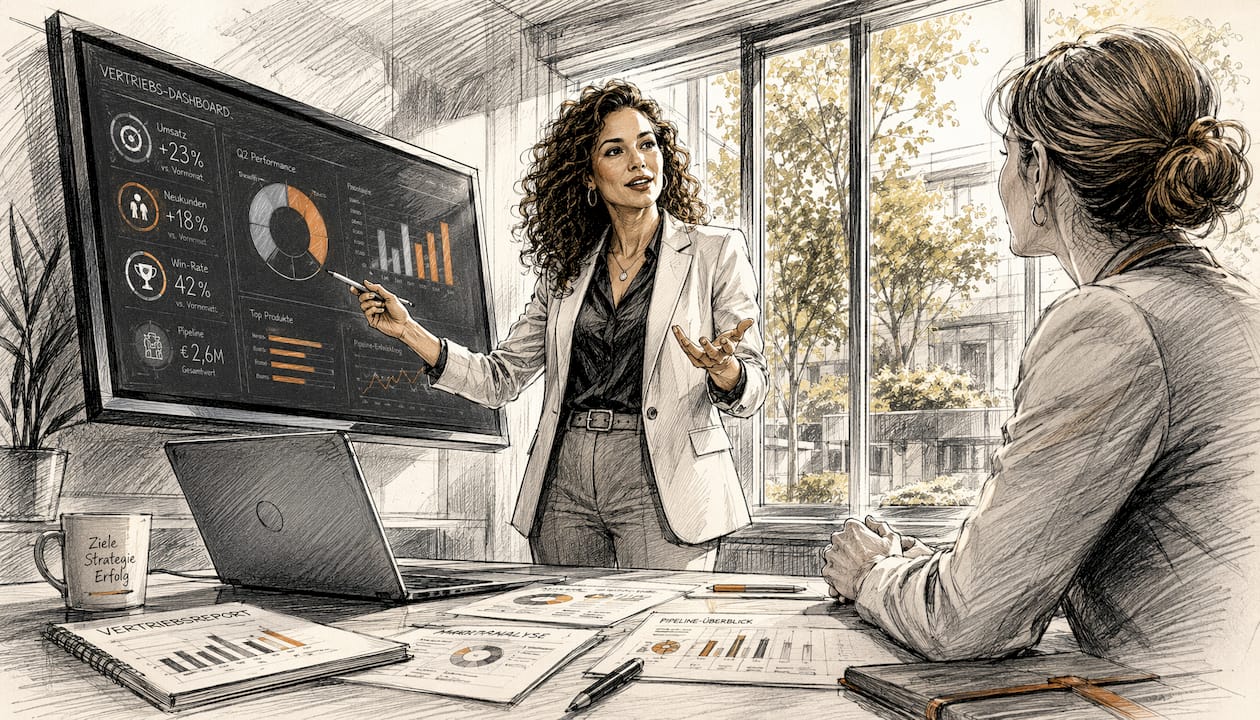 Eine Vertriebsleiterin stellt ihrem Team im Büro die aktuellen Kennzahlen anhand eines Dashboards vor.