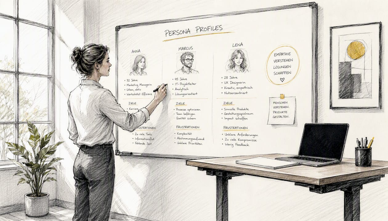 Eine Person erstellt auf einem Whiteboard verschiedene Steckbriefe für Zielgruppen.