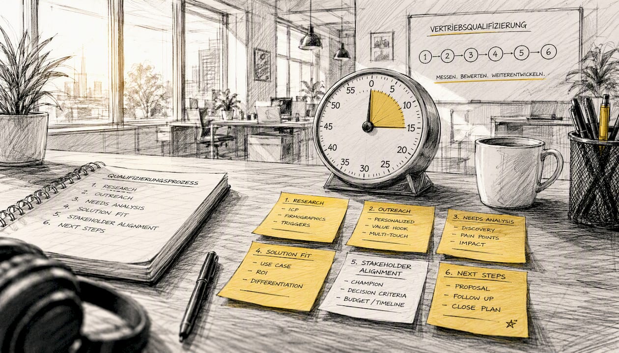Ein Schreibtisch, auf dem ein Timer und bunte Haftmarker liegen – Sinnbild für einen strukturierten Verkaufsprozess.