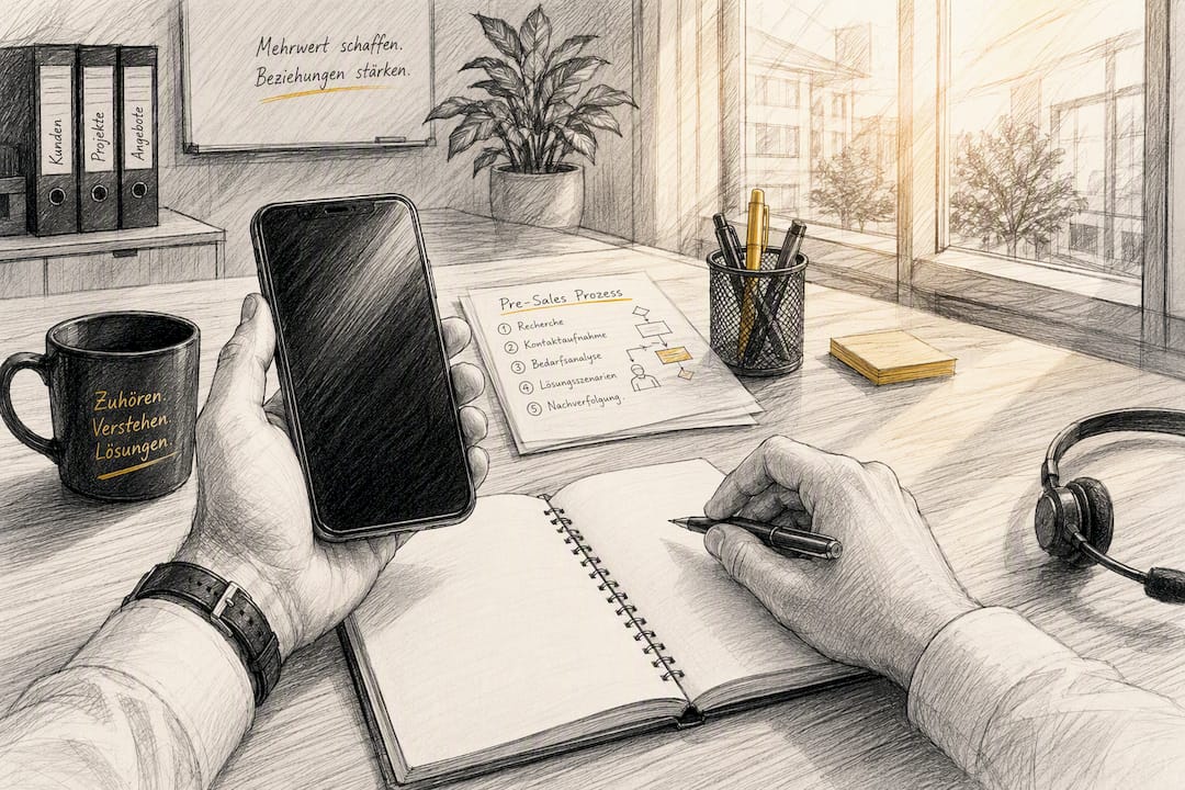 Hände richten Headset und Smartphone auf dem Schreibtisch zurecht.