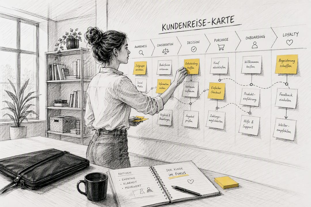 Hände kleben Haftnotizen auf eine Customer-Journey-Karte