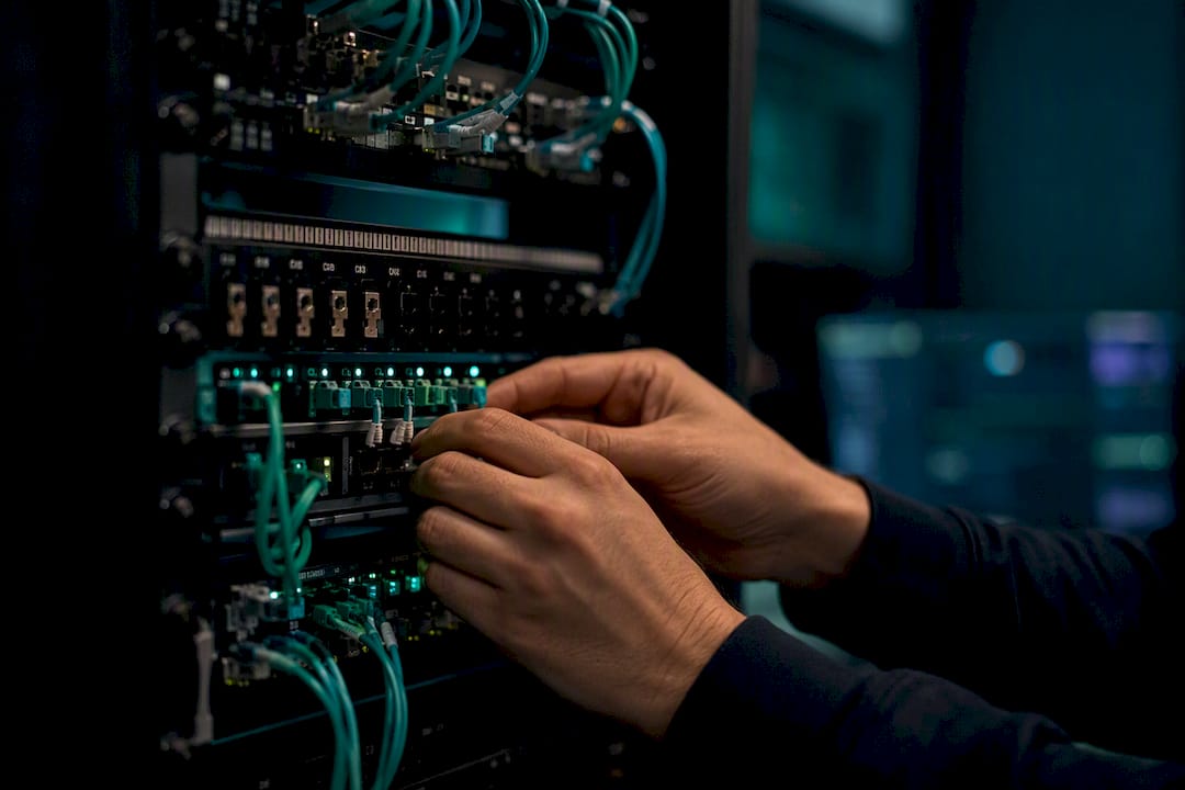 Hands toggling switch on telecom patch panel