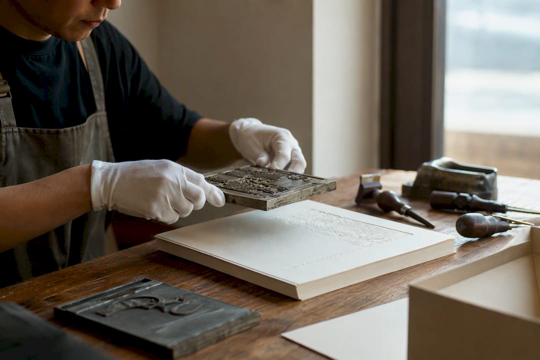 Hands performing embossing on luxury paper stock