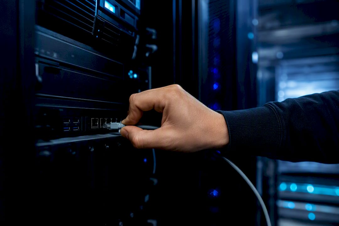 Hand plugging ethernet cable in technical workspace