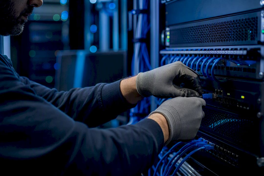 Hands unplugging network patch cable in IT room