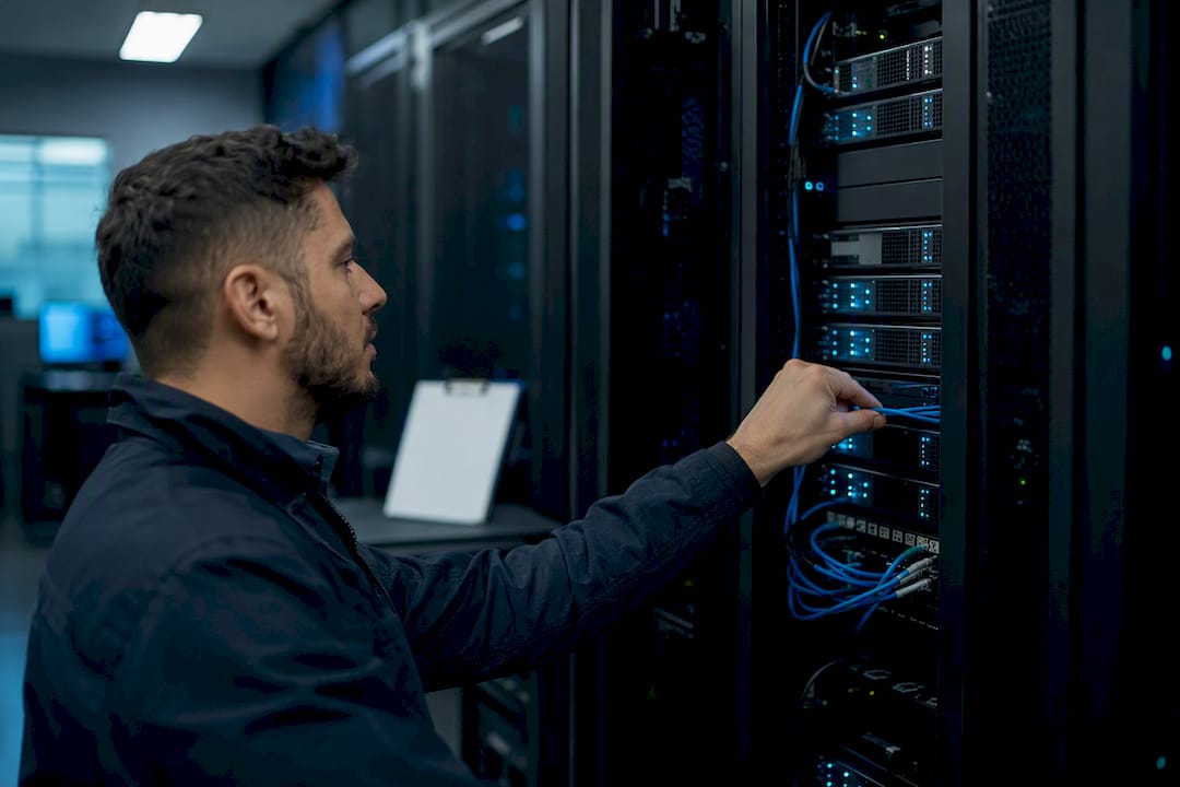 Technician unplugging cable from server rack