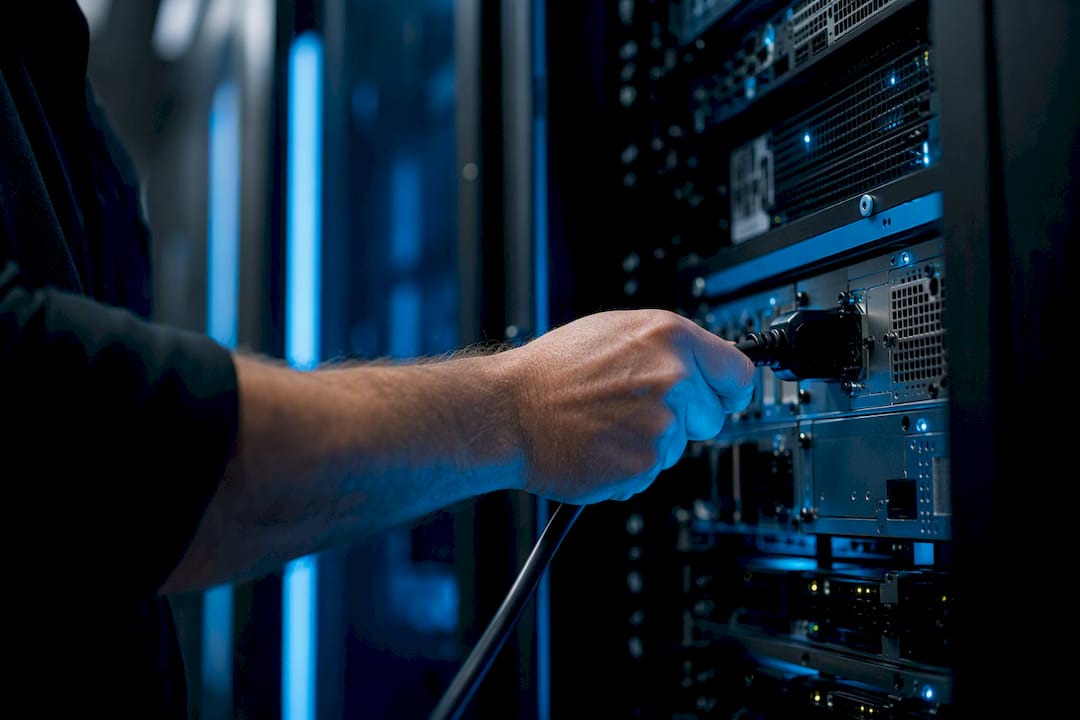 Technician unplugging cable in server closet