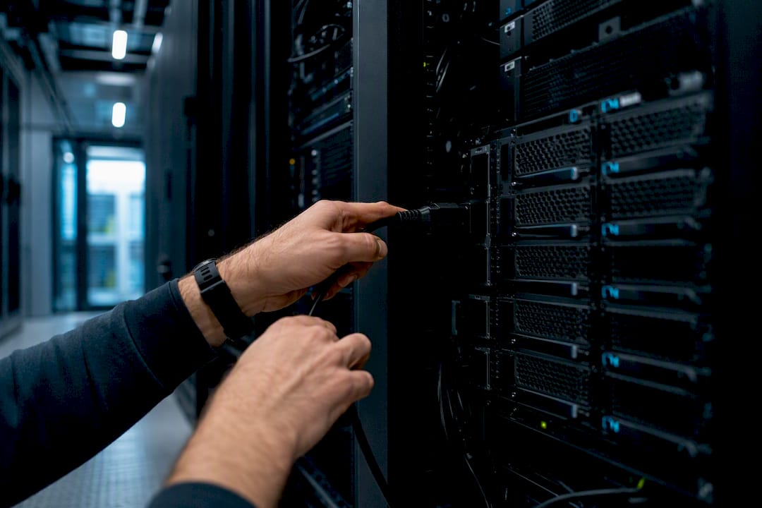 Technician unplugging cable to test disaster recovery