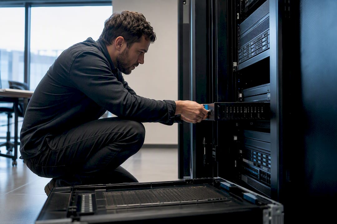 Technician testing backup restore in server room