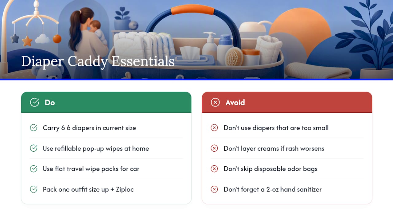 Diagram of diaper sizes and essential caddy items