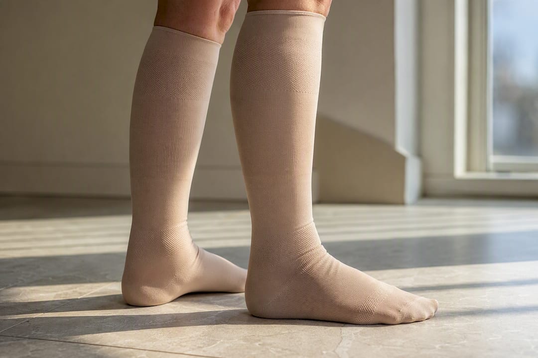 Ben med stödstrumpor i elastiskt material som visar tygspänning