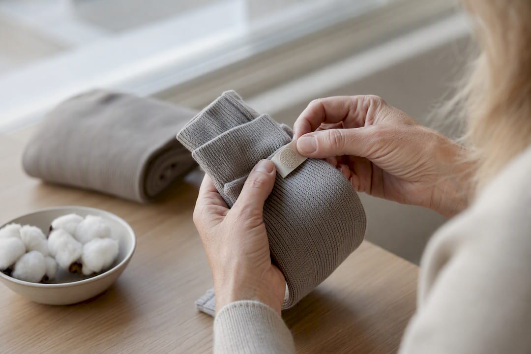 Händer som granskar OEKO-TEX-märkning på textilprodukt